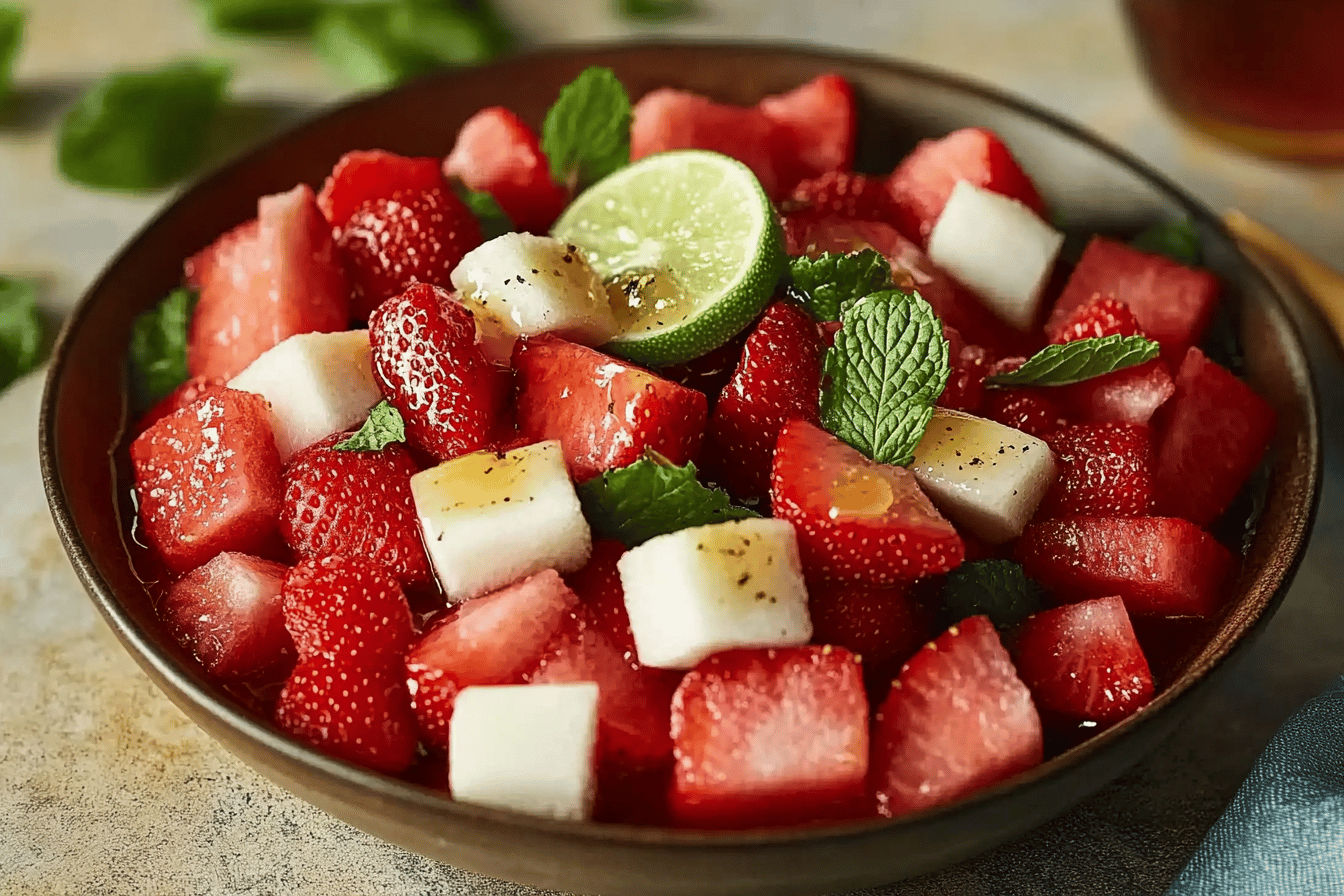 Refreshing Strawberry Watermelon Salad with Lime Dressing