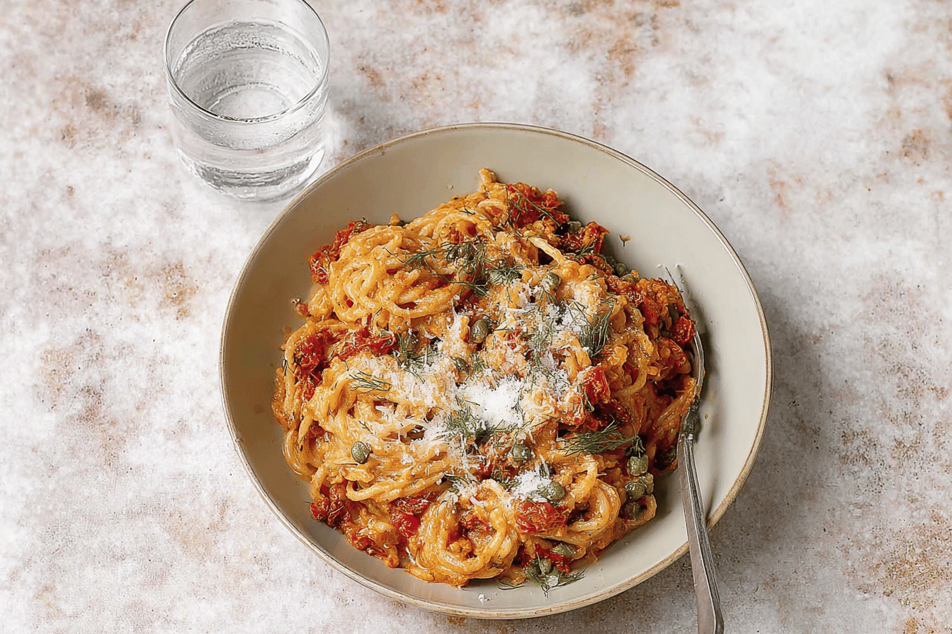 Creamy Sun-Dried Tomato Pasta with Capers and Dill