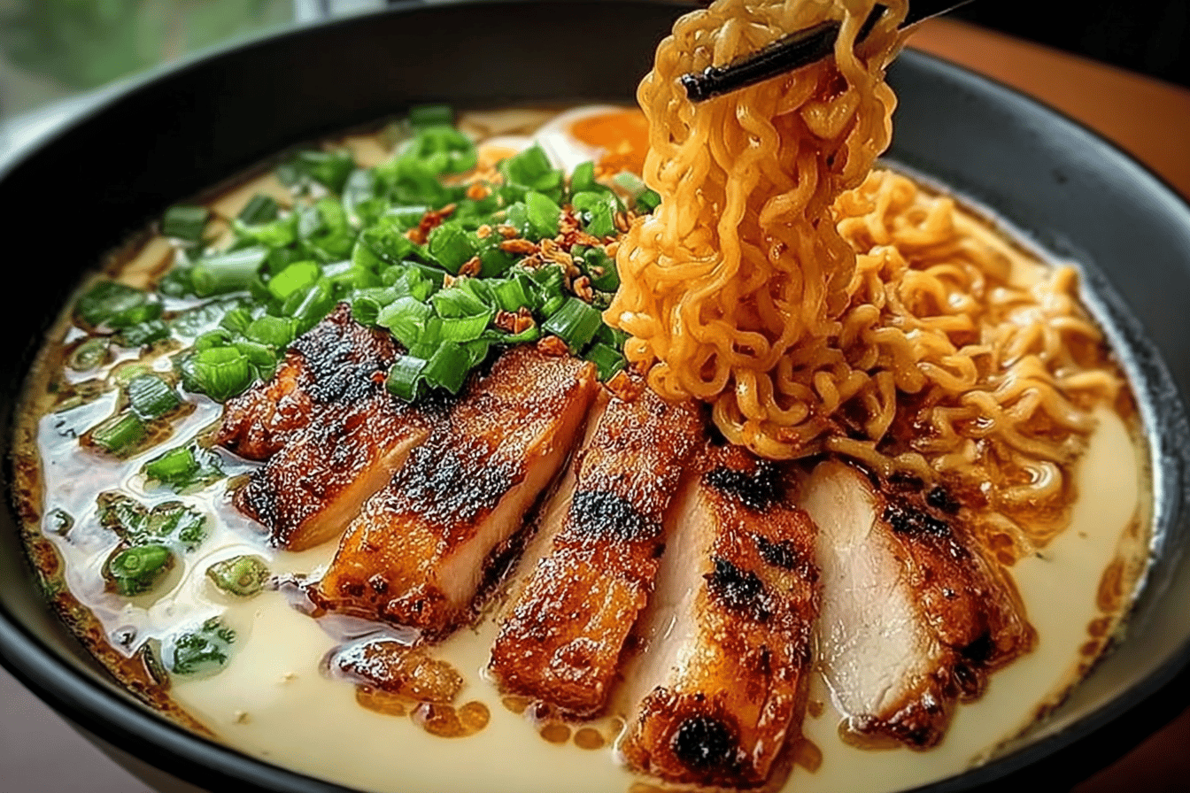 Fiery Chicken Ramen with Creamy Garlic Sauce