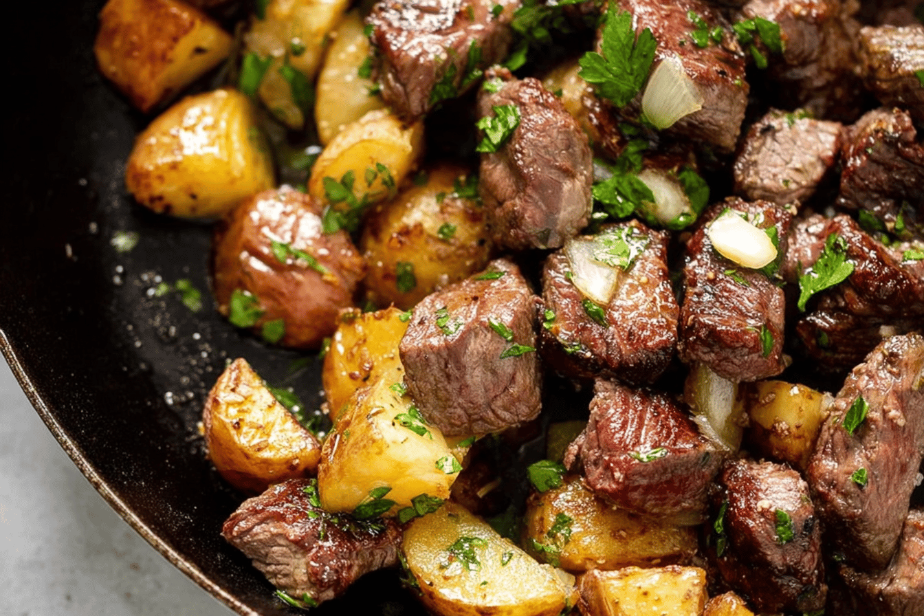 Garlic Butter Steak Bites and Potatoes