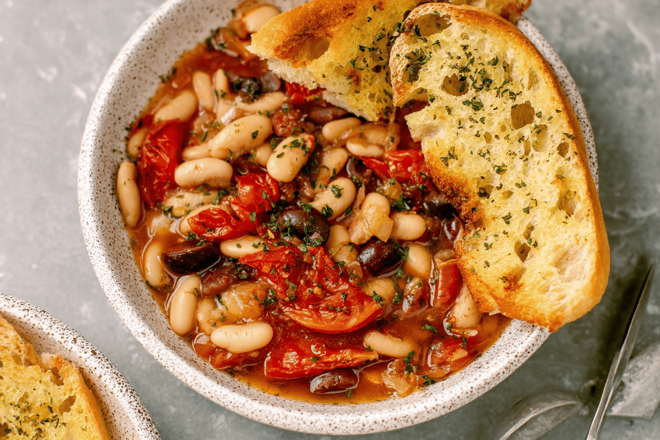 White Bean Puttanesca Recipe with Garlic Bread