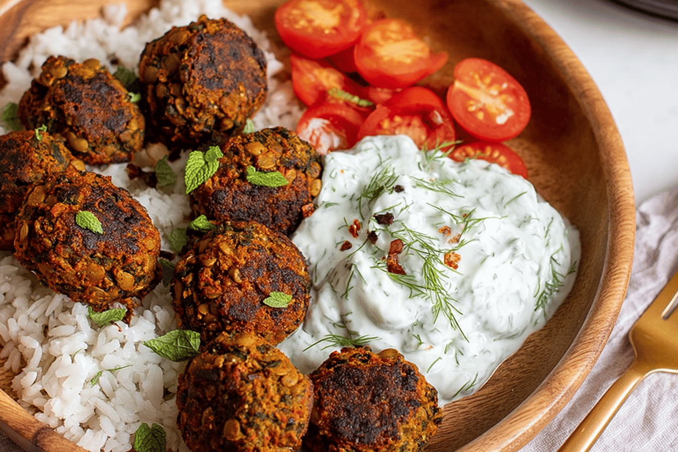 Baked Greek Lentil Meatballs with tzatziki
