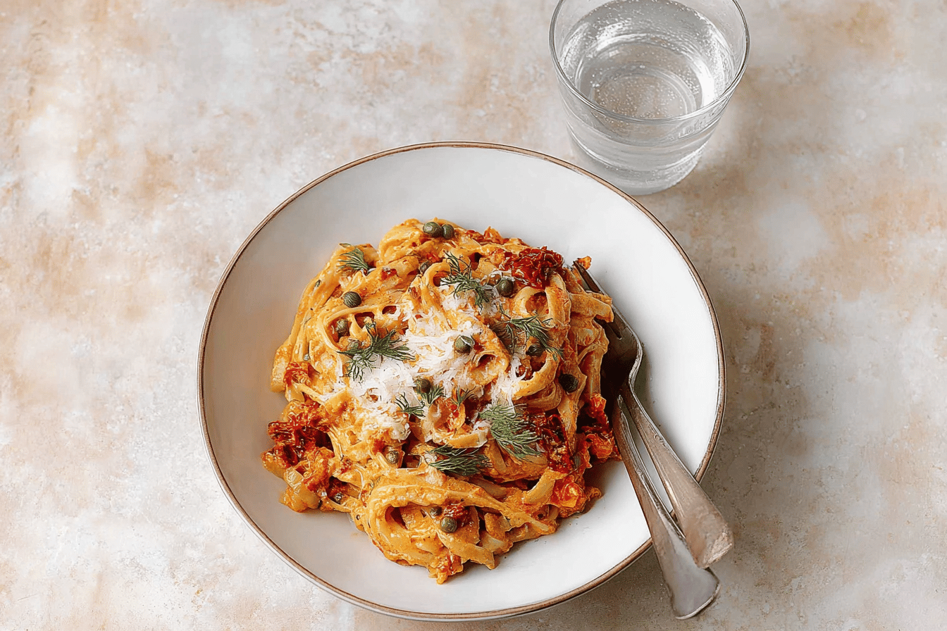 Creamy Sun-Dried Tomato Pasta with Capers and Dill