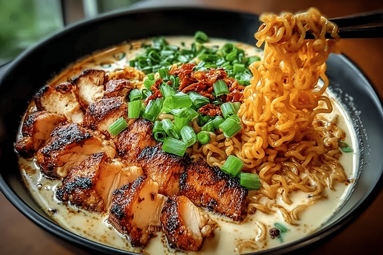 Fiery Chicken Ramen with Creamy Garlic Sauce