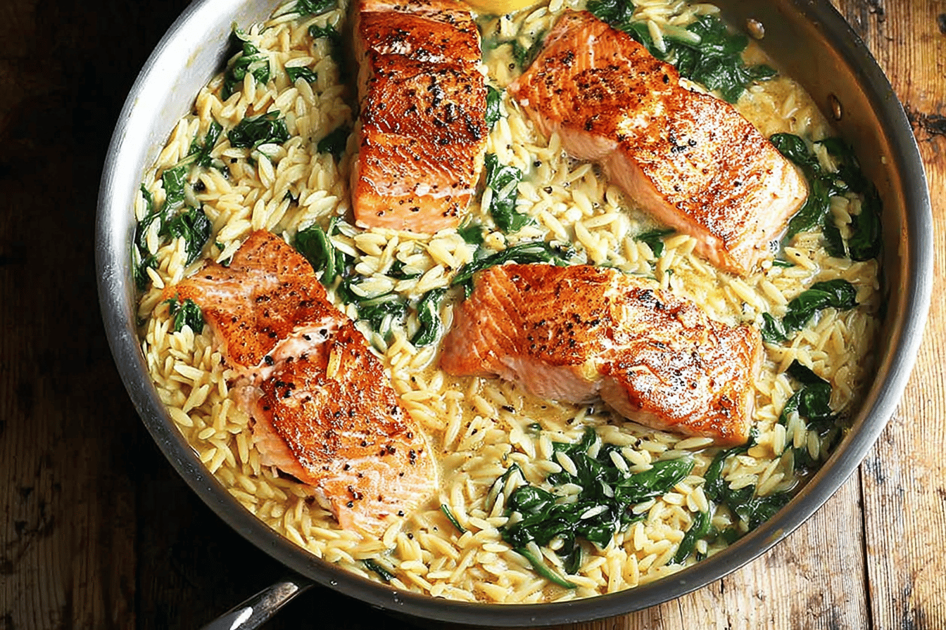  One Skillet Salmon with Lemon Orzo