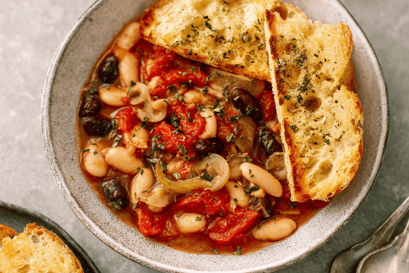 White Bean Puttanesca Recipe with Garlic Bread