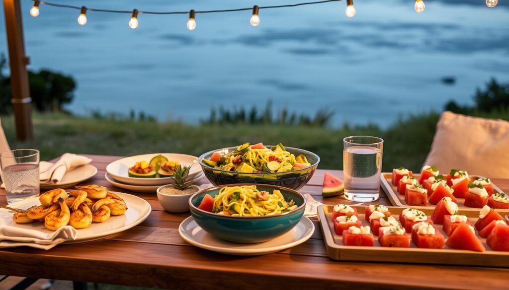A beautiful summer dinner spread with all three perfect summer dinner recipes featured in the article A beautiful summer dinner spread with all three perfect summer dinner recipes featured in the article