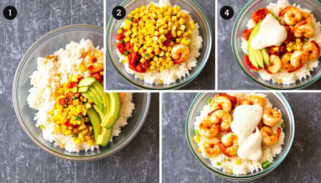 Assembling Grilled Shrimp Bowl with all components Assembling Grilled Shrimp Bowl with all components