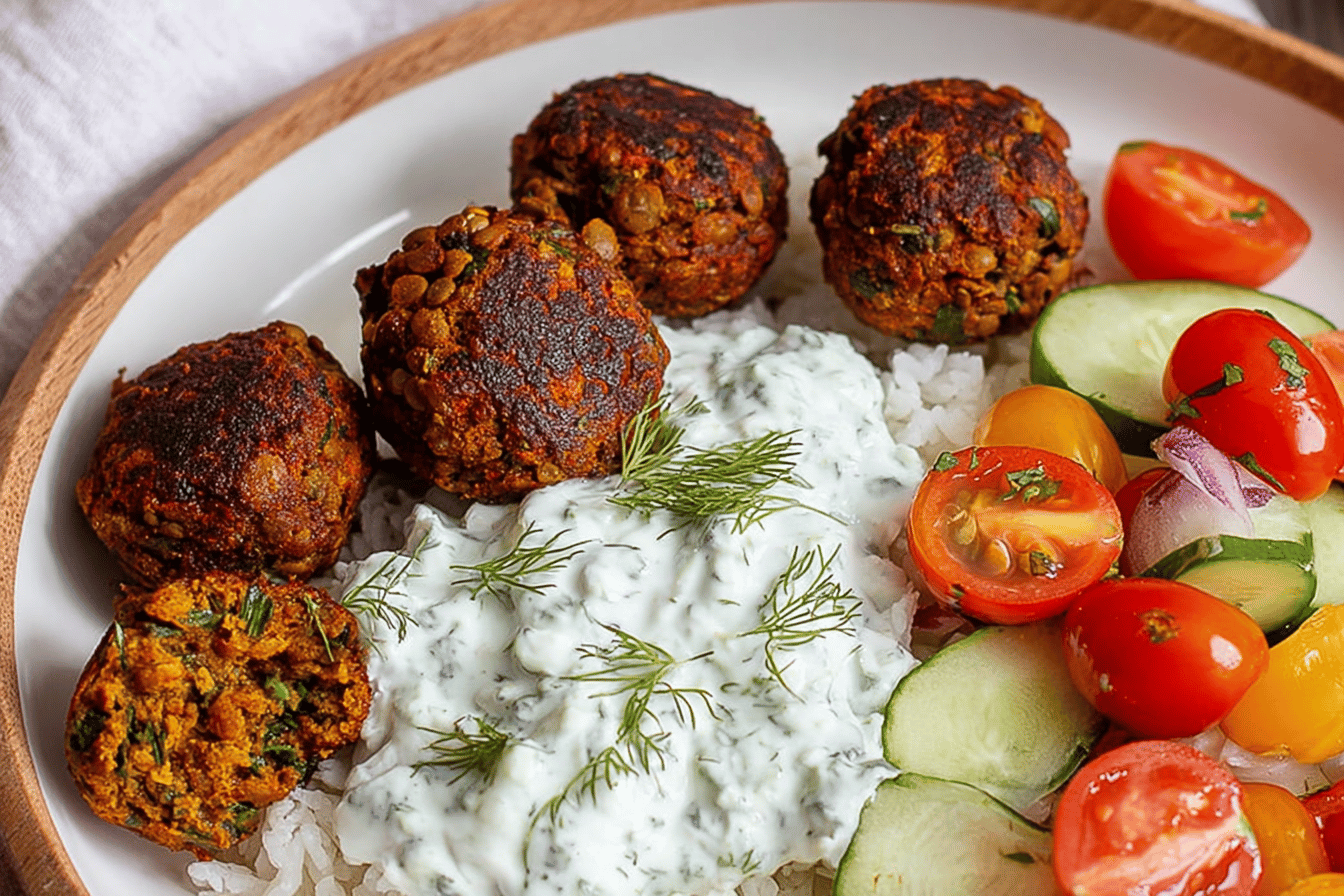 Baked Greek Lentil Meatballs with tzatziki