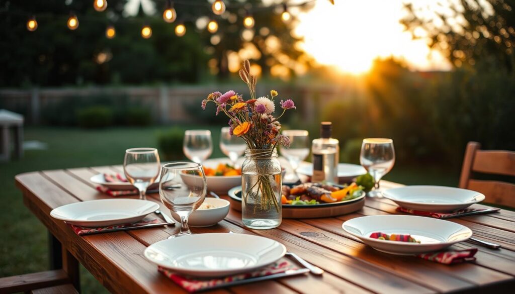 Beautifully set outdoor table with summer dinner spread for perfect summer dining Beautifully set outdoor table with summer dinner spread for perfect summer dining