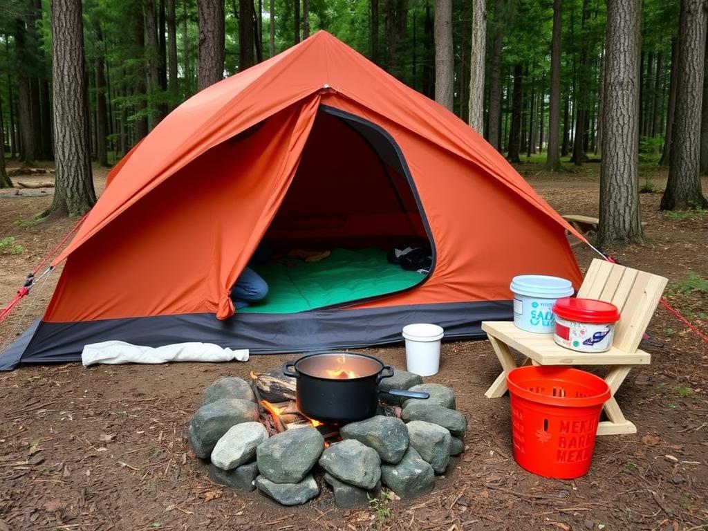 Budget-friendly campsite with DIY gear and simple setup, showing affordable camping lifestyle Budget-friendly campsite with DIY gear and simple setup, showing affordable camping lifestyle