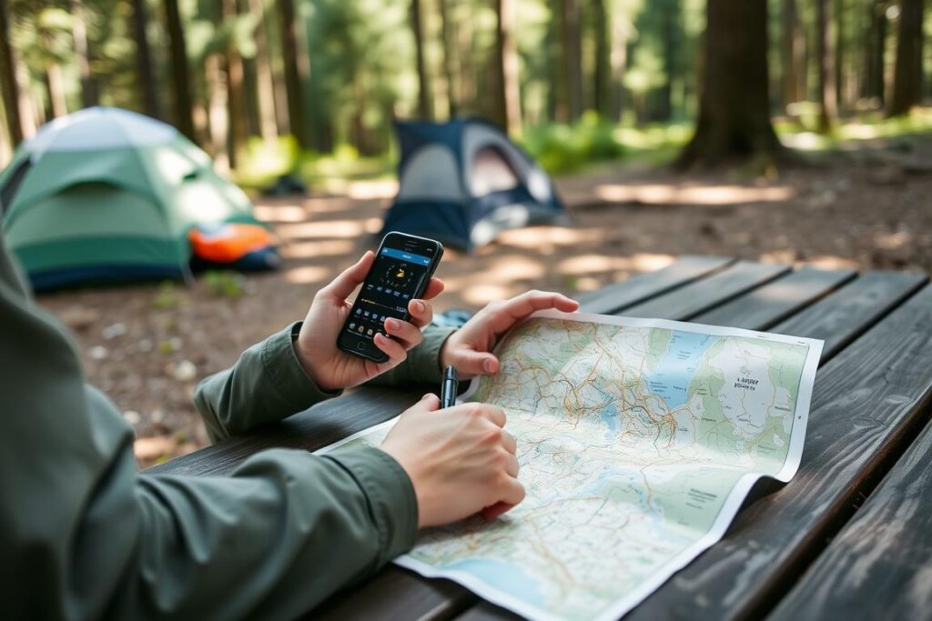 Camper checking weather forecast and map before hiking, demonstrating camping lifestyle safety practices Camper checking weather forecast and map before hiking, demonstrating camping lifestyle safety practices