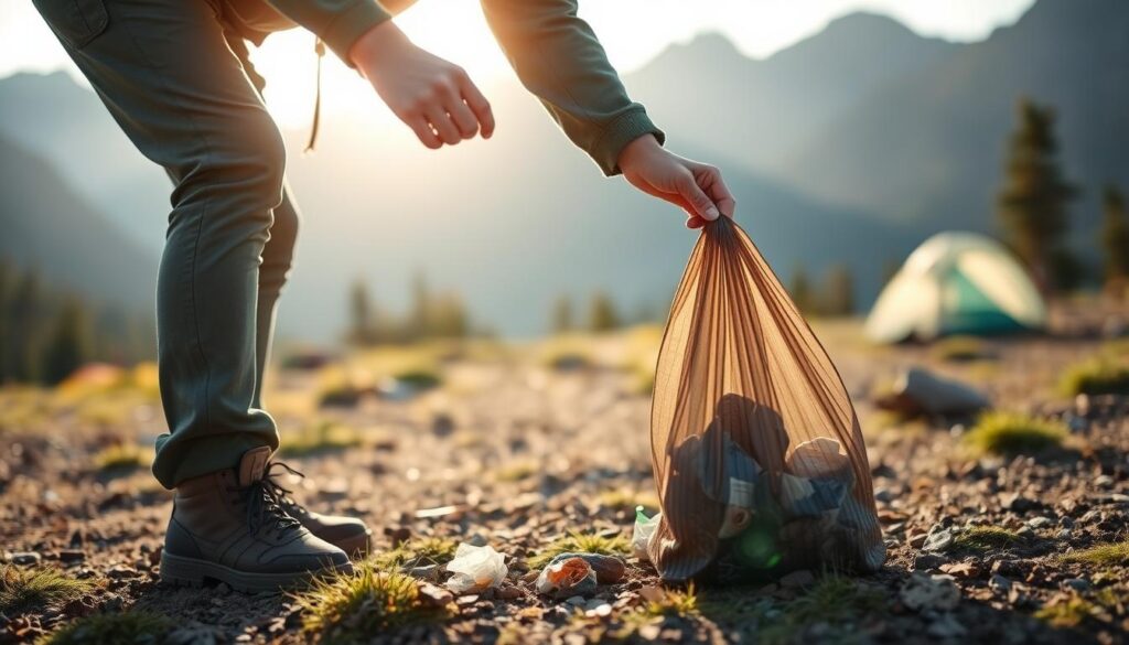 Camper picking up trash at a campsite, demonstrating Leave No Trace principles of camping lifestyle Camper picking up trash at a campsite, demonstrating Leave No Trace principles of camping lifestyle