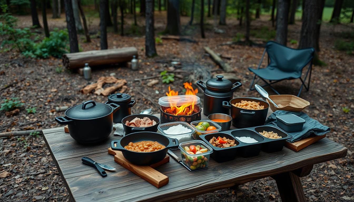 Campfire dinner setup essentials laid out on a wooden table including cookware, utensils, and ingredients