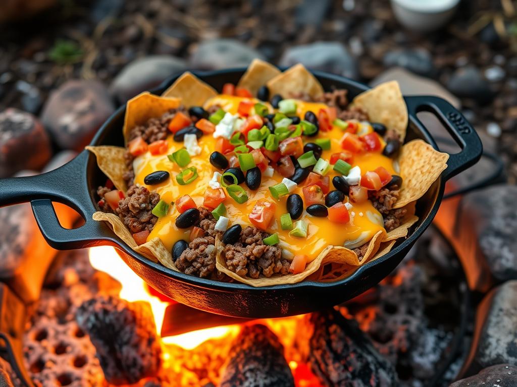 Cast iron skillet filled with loaded nachos cooking over campfire