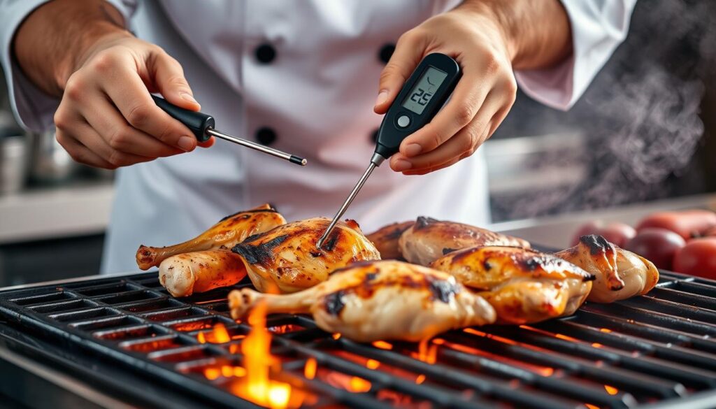 Chef demonstrating proper chicken grilling technique Chef demonstrating proper chicken grilling technique