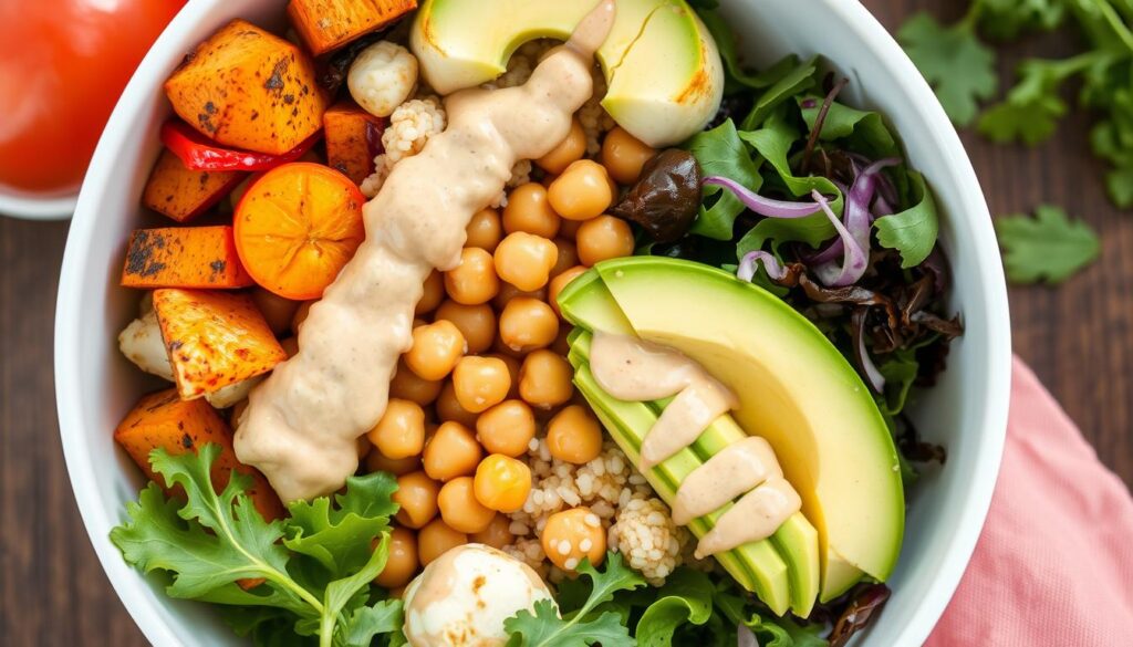 Chickpea and roasted vegetable buddha bowl with tahini dressing Chickpea and roasted vegetable buddha bowl with tahini dressing