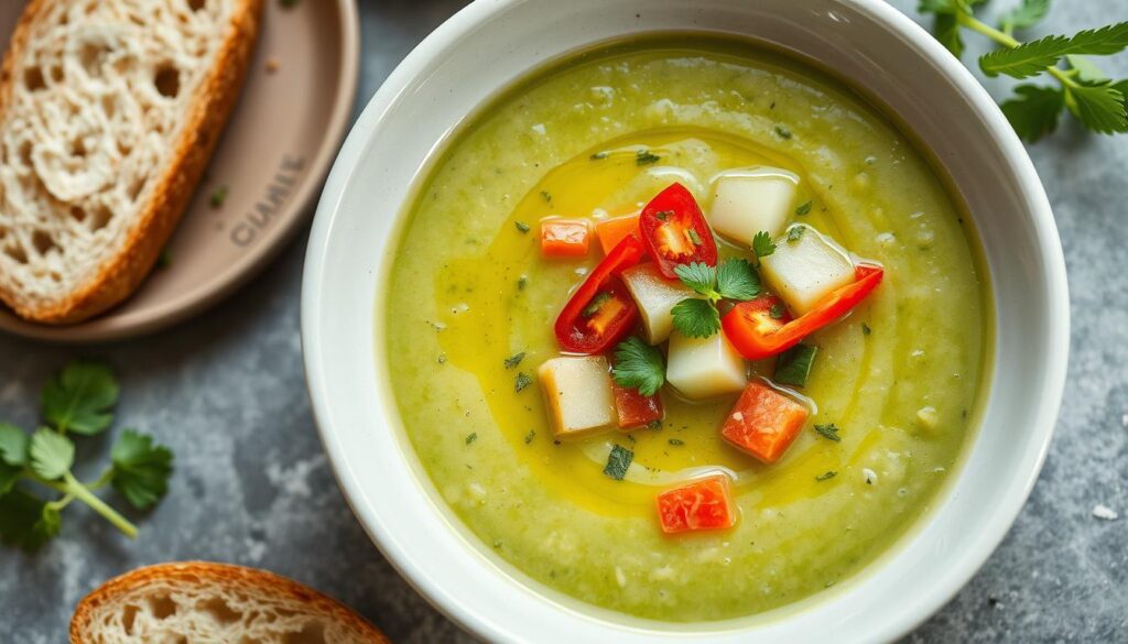 Chilled cucumber gazpacho soup - fresh and light summer meal Chilled cucumber gazpacho soup - fresh and light summer meal