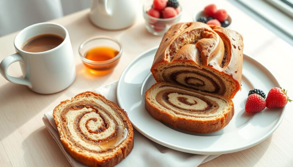 Cinnamon Roll Banana Bread served with coffee and fresh fruit Cinnamon Roll Banana Bread served with coffee and fresh fruit