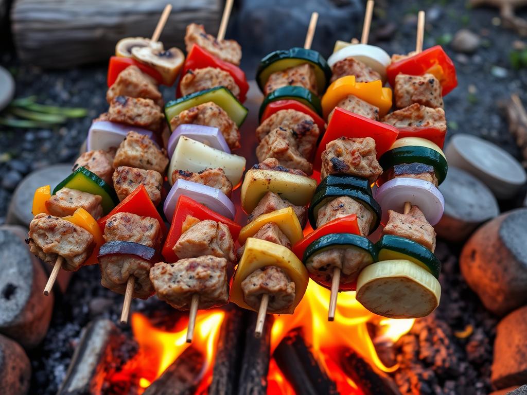 Colorful vegetable and meat kebabs grilling over campfire flames