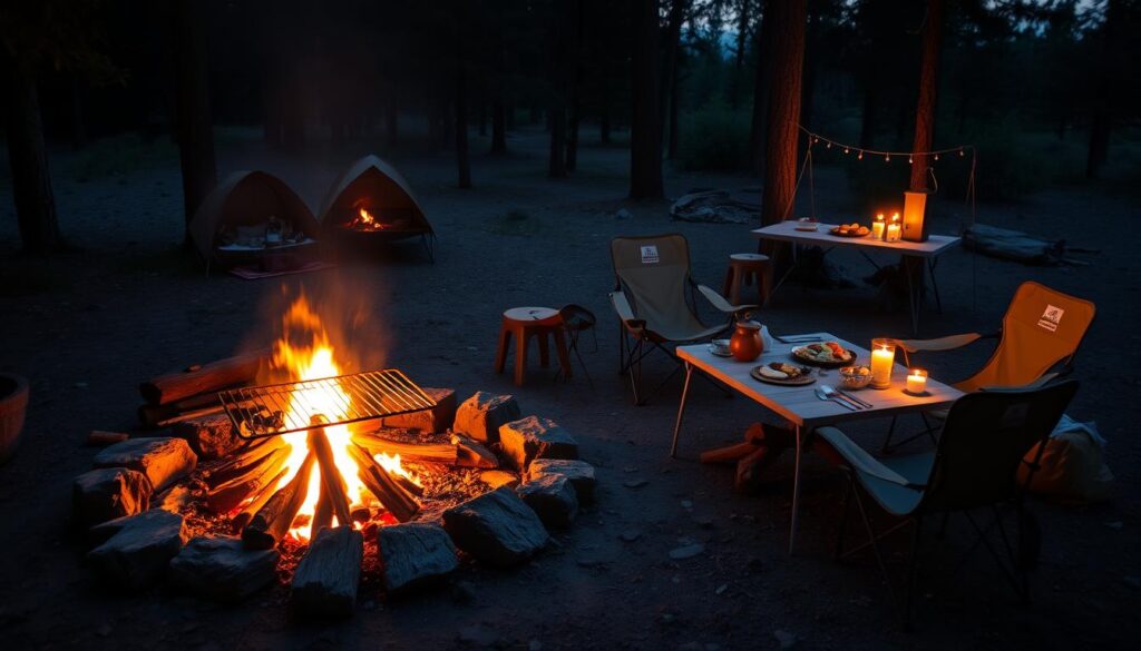 Complete campfire dinner setup with cooking area, prep station, and dining area