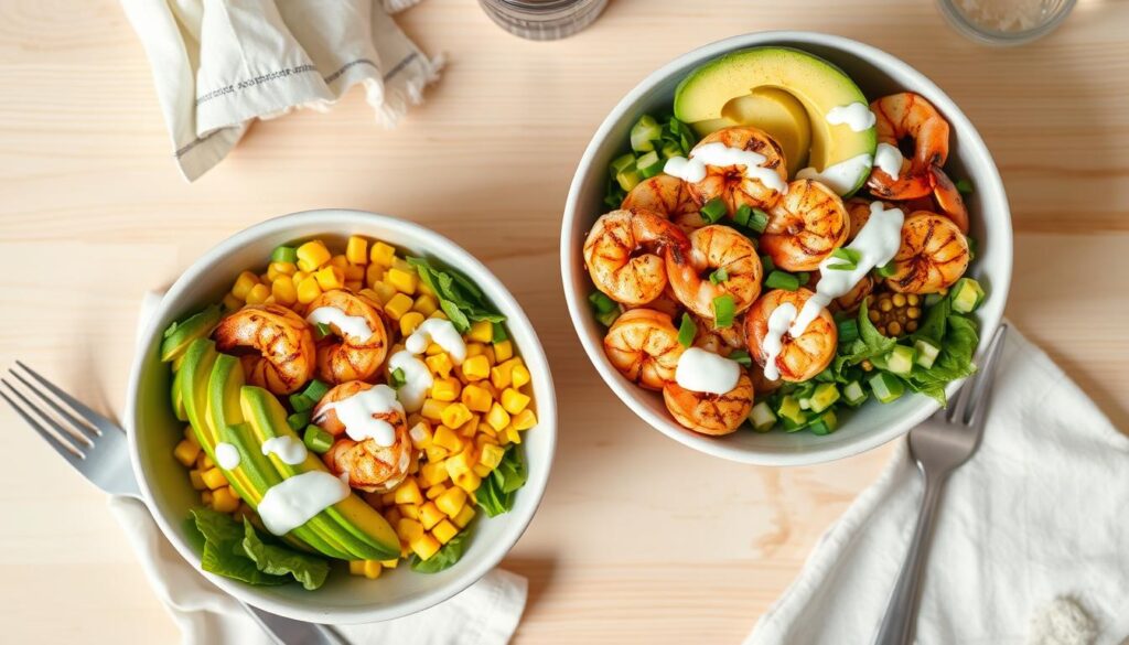 Completed Grilled Shrimp Bowl with Avocado, Corn Salsa & Creamy Sauce ready to serve Completed Grilled Shrimp Bowl with Avocado, Corn Salsa & Creamy Sauce ready to serve