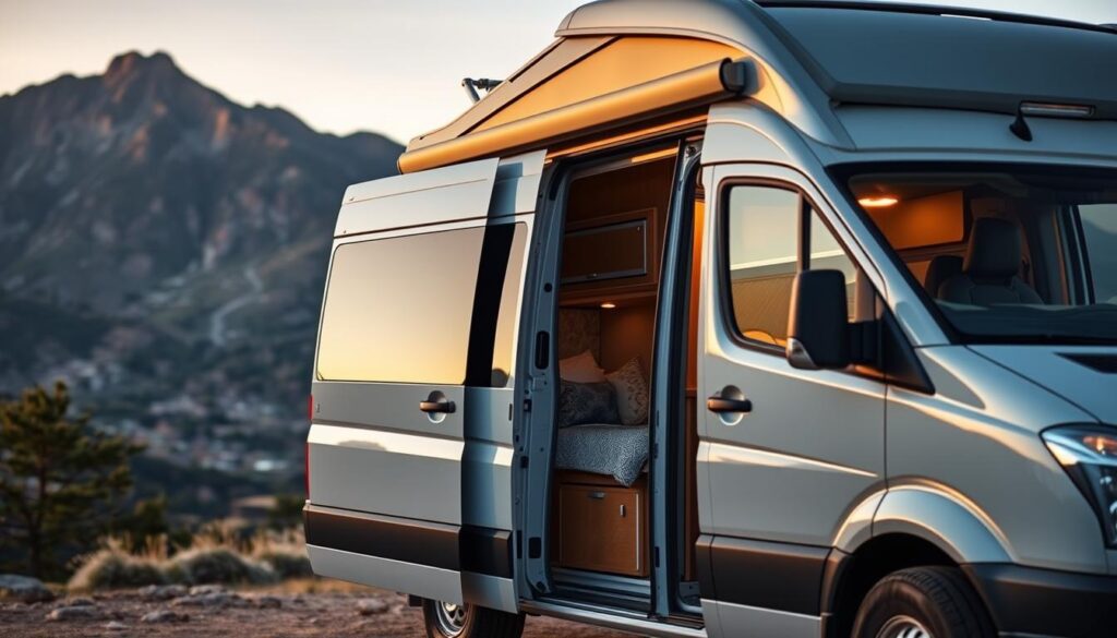 Converted camper van parked at scenic overlook, representing van life camping lifestyle Converted camper van parked at scenic overlook, representing van life camping lifestyle