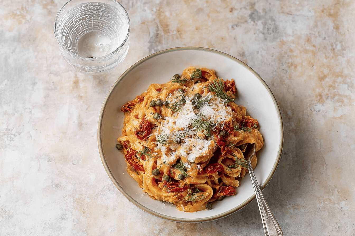 Creamy Sun-Dried Tomato Pasta with Capers and Dill