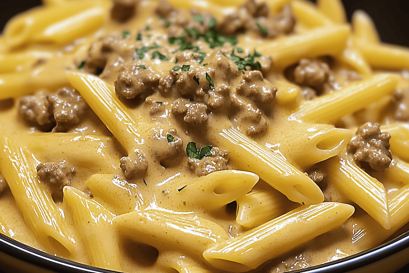 Creamy Velveeta Beef Stroganoff with Penne Pasta