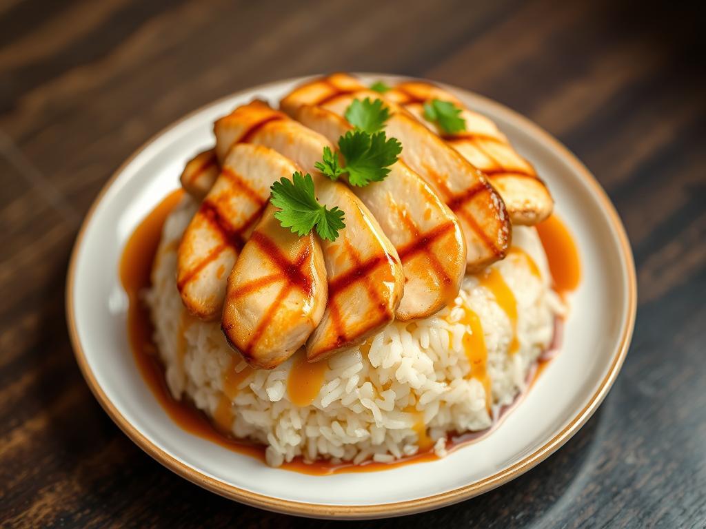 Elegant plating of grilled chicken rice with garnishes Elegant plating of grilled chicken rice with garnishes