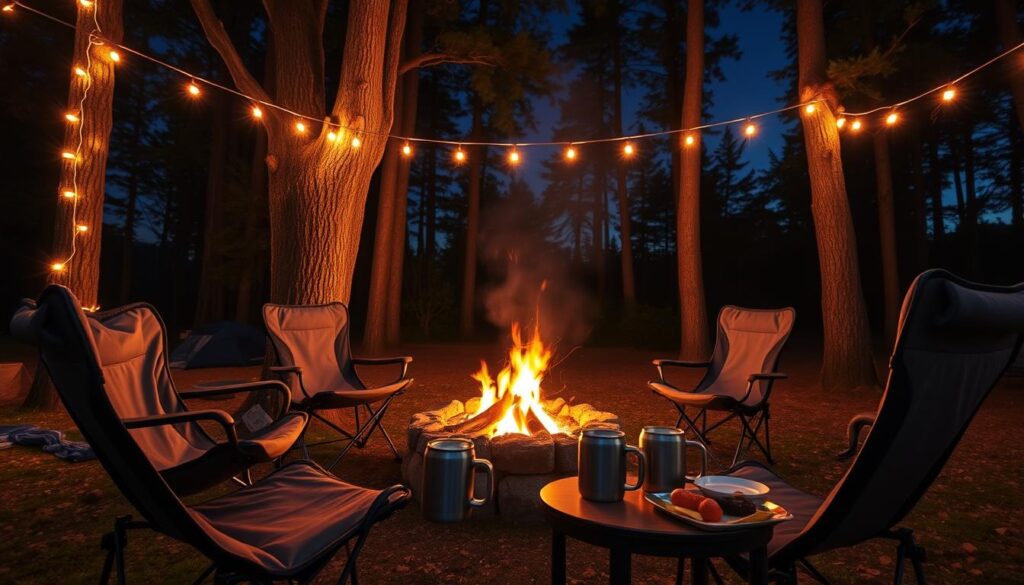 Evening campfire dinner setup with string lights, comfortable seating, and food being served