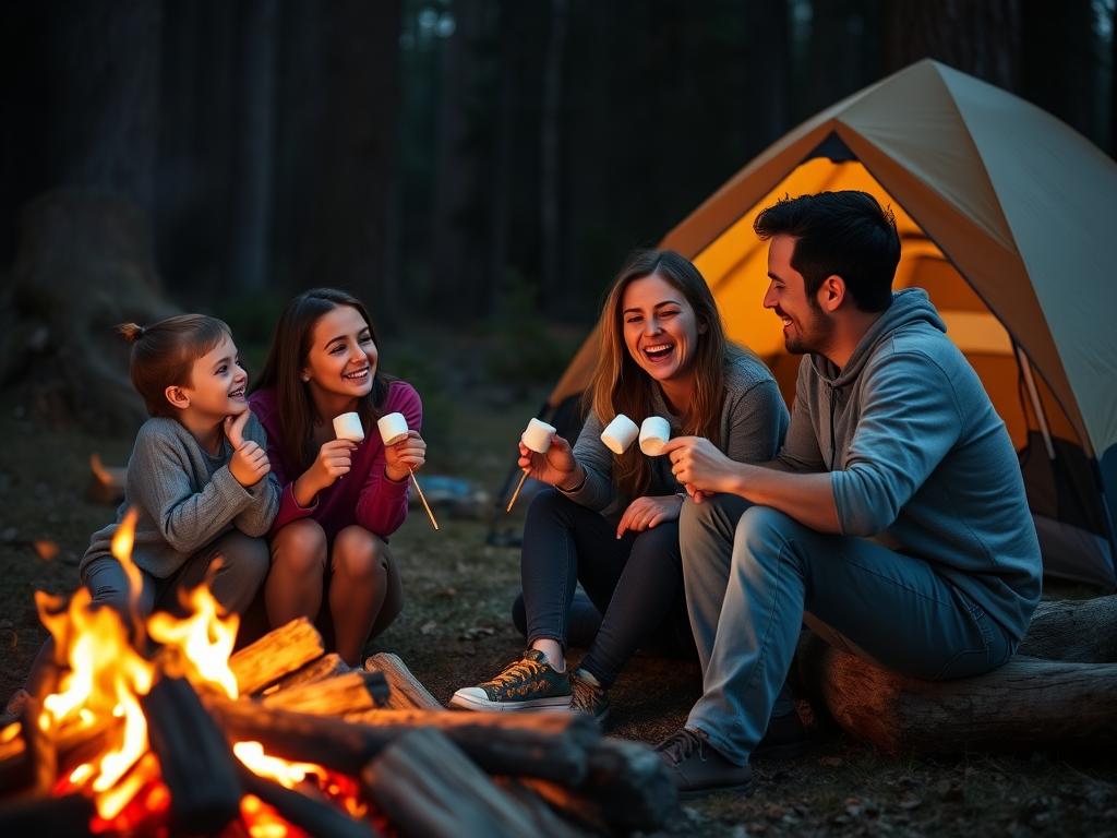 Family bonding around campfire, highlighting the social benefits of camping lifestyle Family bonding around campfire, highlighting the social benefits of camping lifestyle