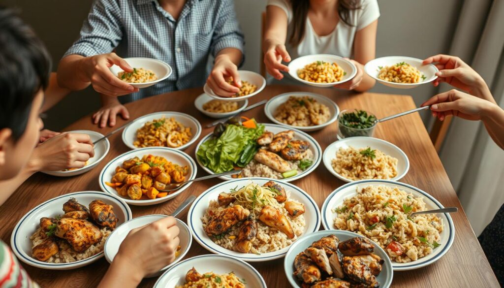 Family enjoying a meal of grilled chicken rice together Family enjoying a meal of grilled chicken rice together