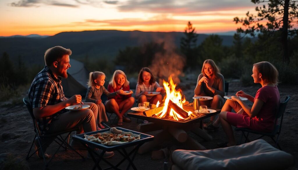 Family enjoying dinner around a well-setup campfire with food and comfortable seating