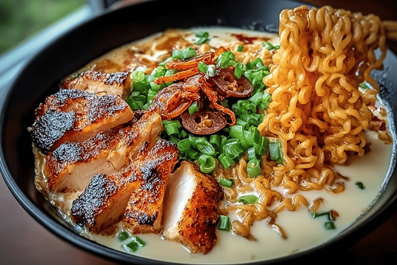 Fiery Chicken Ramen with Creamy Garlic Sauce