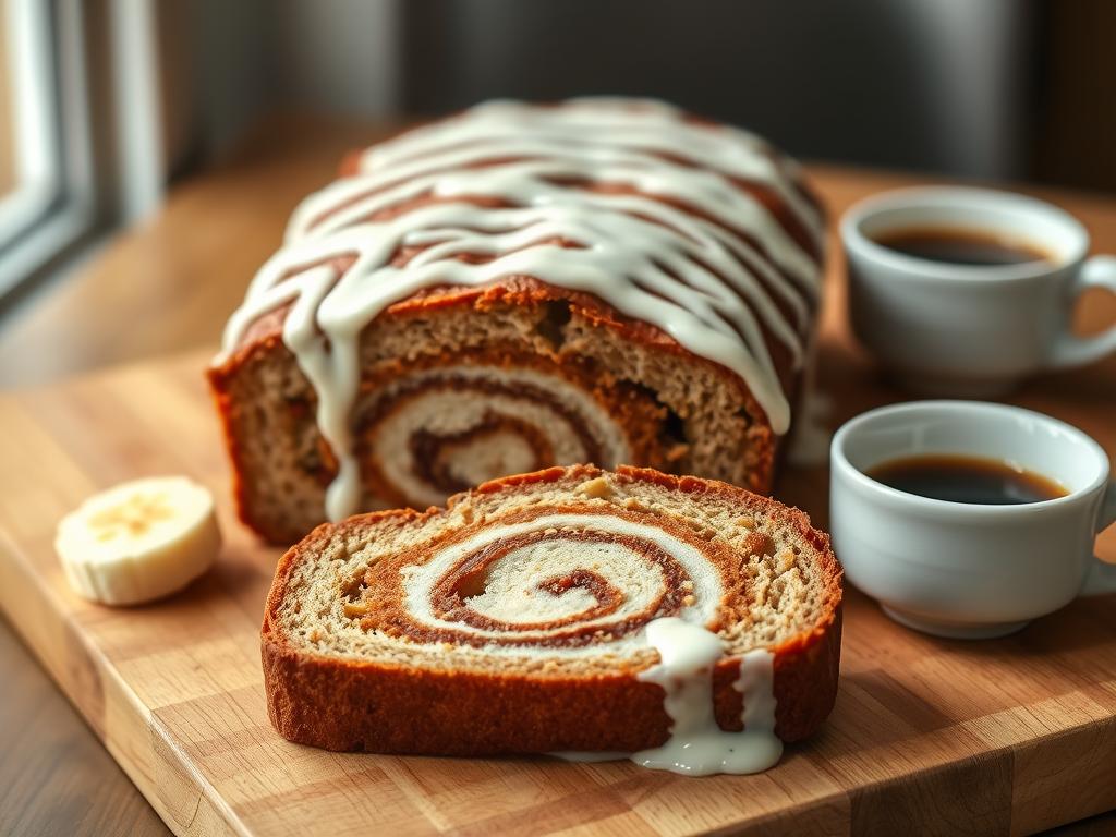 Finished Cinnamon Roll Banana Bread with cream cheese glaze Finished Cinnamon Roll Banana Bread with cream cheese glaze