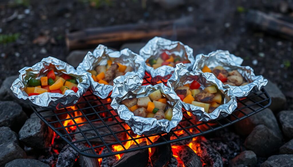 Foil packet meals cooking over campfire with vegetables and meat visible