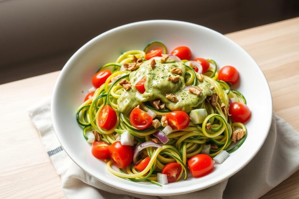 Fresh zucchini noodle salad with creamy avocado dressing and cherry tomatoes for a perfect summer dinner Fresh zucchini noodle salad with creamy avocado dressing and cherry tomatoes for a perfect summer dinner