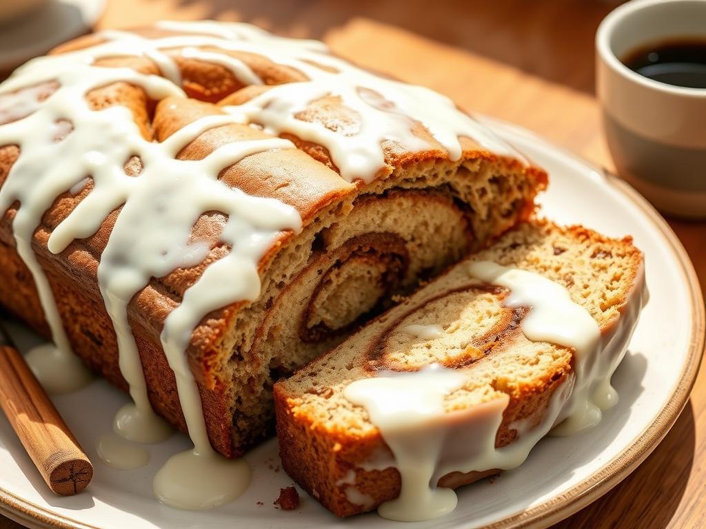 Glazed Cinnamon Roll Banana Bread ready to serve