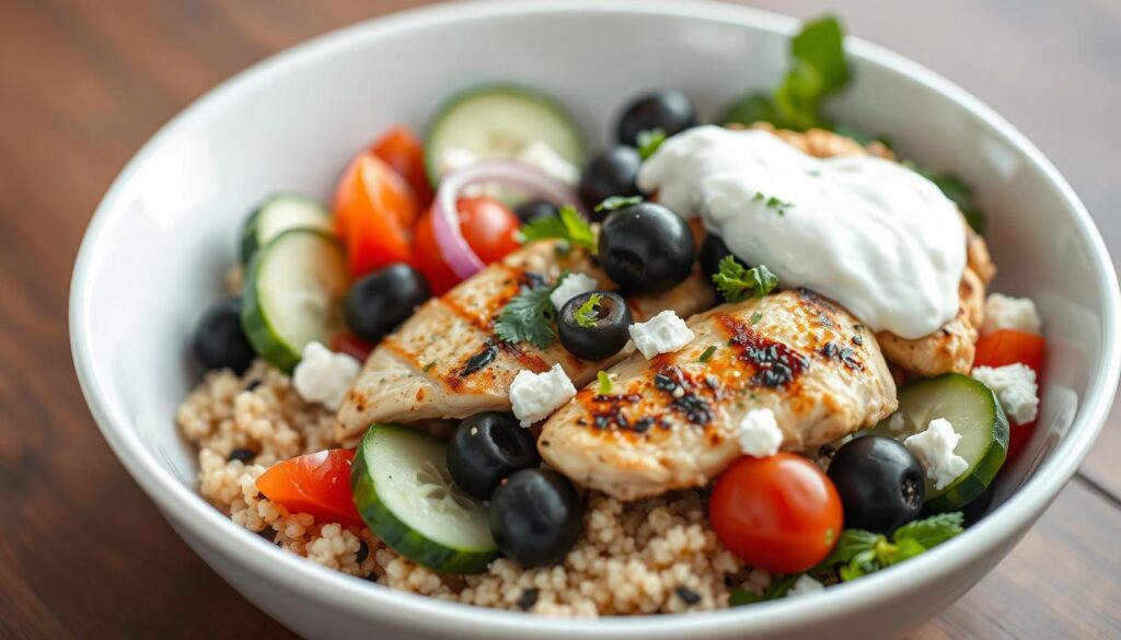Greek chicken bowl with tzatziki sauce - fresh and light summer meal Greek chicken bowl with tzatziki sauce - fresh and light summer meal