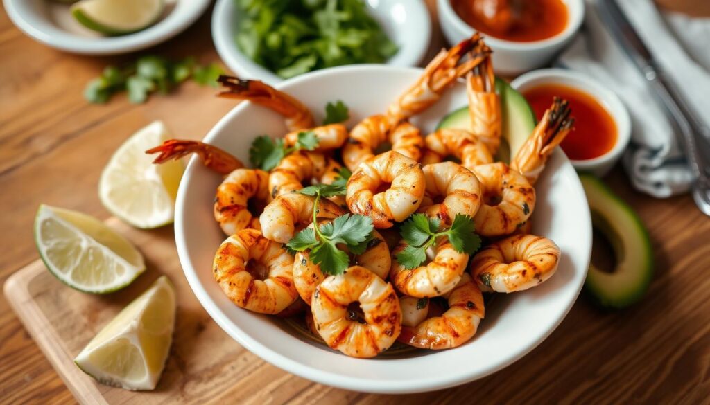 Grilled Shrimp Bowl served with lime wedges and additional sauce on the side Grilled Shrimp Bowl served with lime wedges and additional sauce on the side