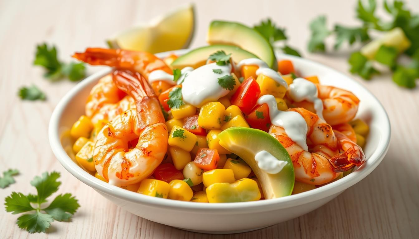 Grilled Shrimp Bowl with Avocado, Corn Salsa & Creamy Sauce served in a white bowl