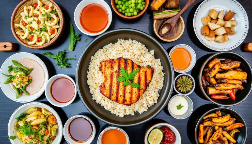 Grilled chicken rice served with various side dishes and sauces Grilled chicken rice served with various side dishes and sauces