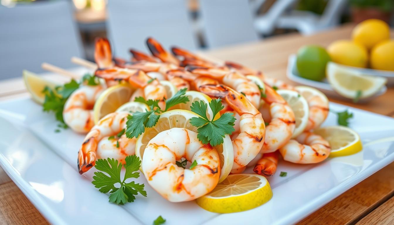 Grilled citrus shrimp skewers with lime wedges and fresh herbs for a perfect summer dinner