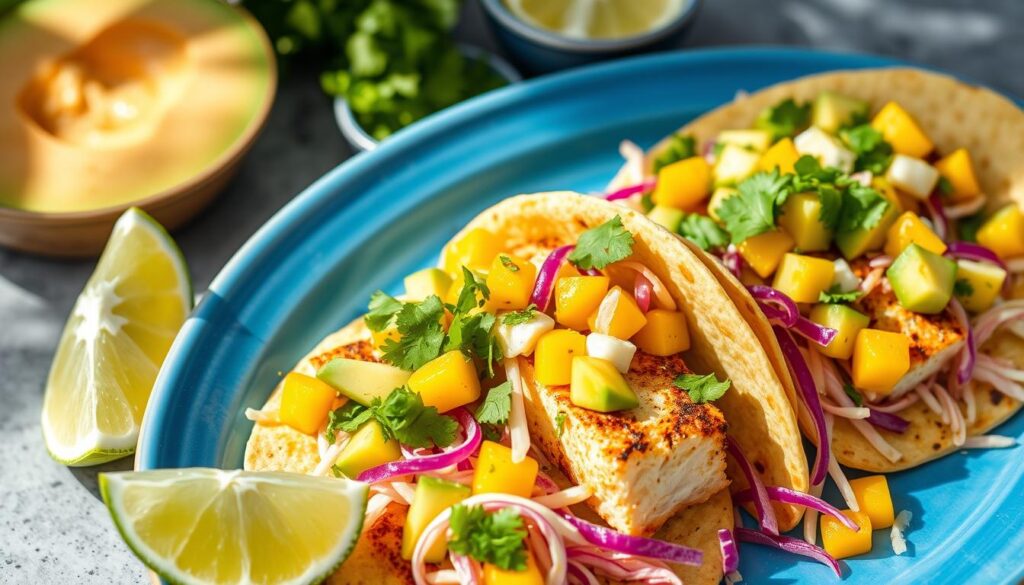 Grilled fish tacos with mango salsa - fresh and light summer meal Grilled fish tacos with mango salsa - fresh and light summer meal