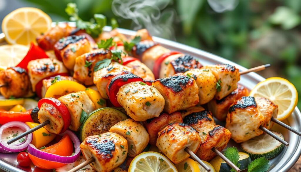 Grilled lemon herb chicken skewers with vegetables Grilled lemon herb chicken skewers with vegetables