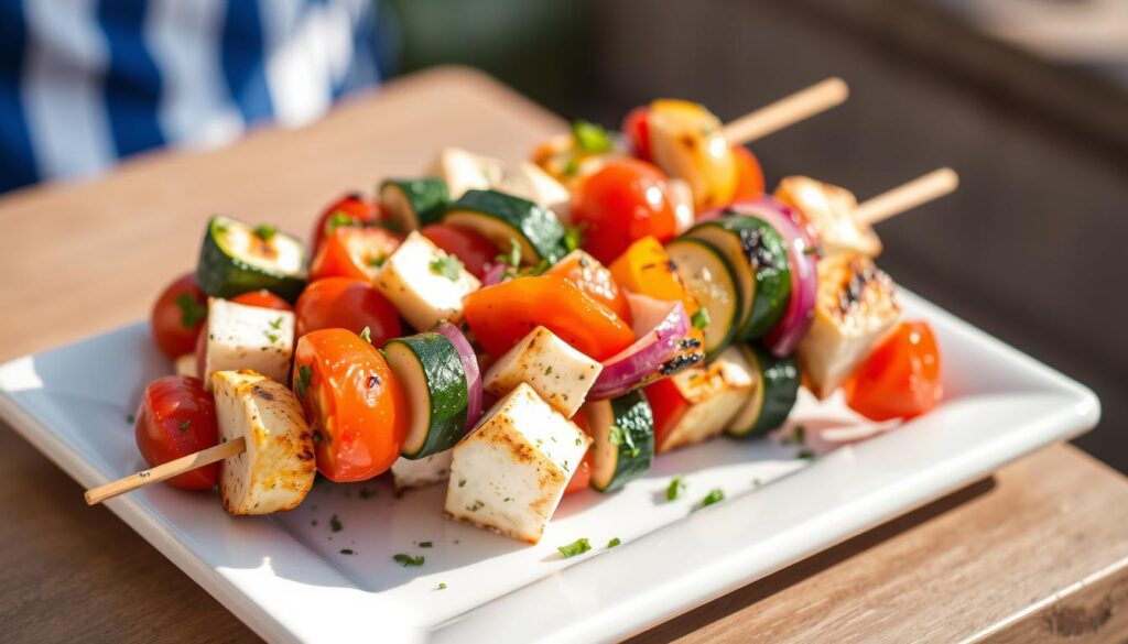 Grilled vegetable and halloumi skewers - vegetarian summer meal Grilled vegetable and halloumi skewers - vegetarian summer meal