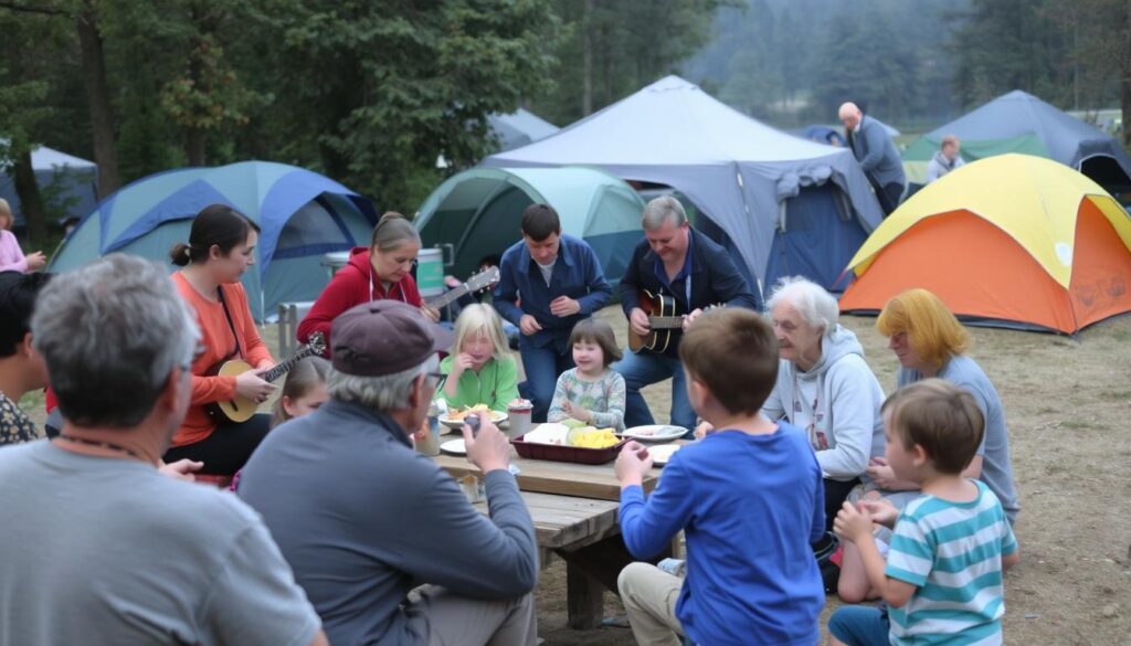 Group of diverse campers gathered for community event at campground, representing camping lifestyle communities Group of diverse campers gathered for community event at campground, representing camping lifestyle communities