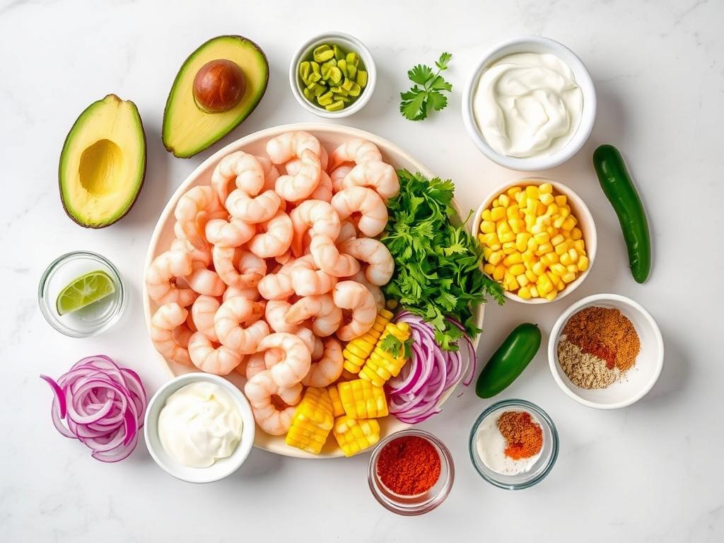 Ingredients for Grilled Shrimp Bowl with Avocado, Corn Salsa & Creamy Sauce laid out on a counter Ingredients for Grilled Shrimp Bowl with Avocado, Corn Salsa & Creamy Sauce laid out on a counter