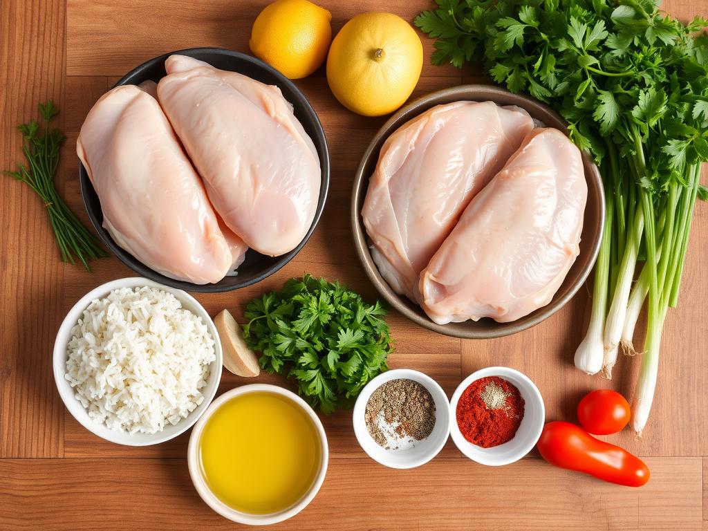 Ingredients for grilled chicken rice laid out on a wooden surface Ingredients for grilled chicken rice laid out on a wooden surface